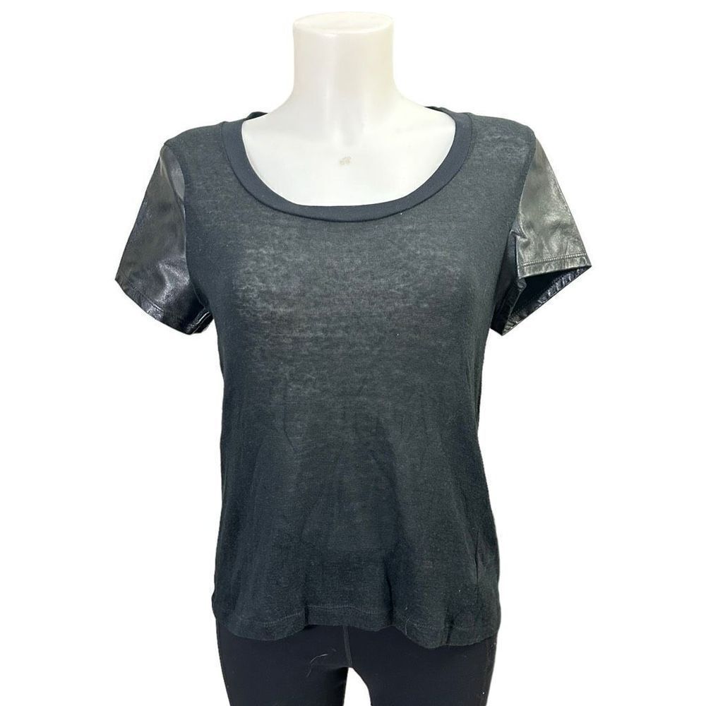 Elizabeth & James Black Lambskin & Cotton Blend Round Neck Tee sz‎ large